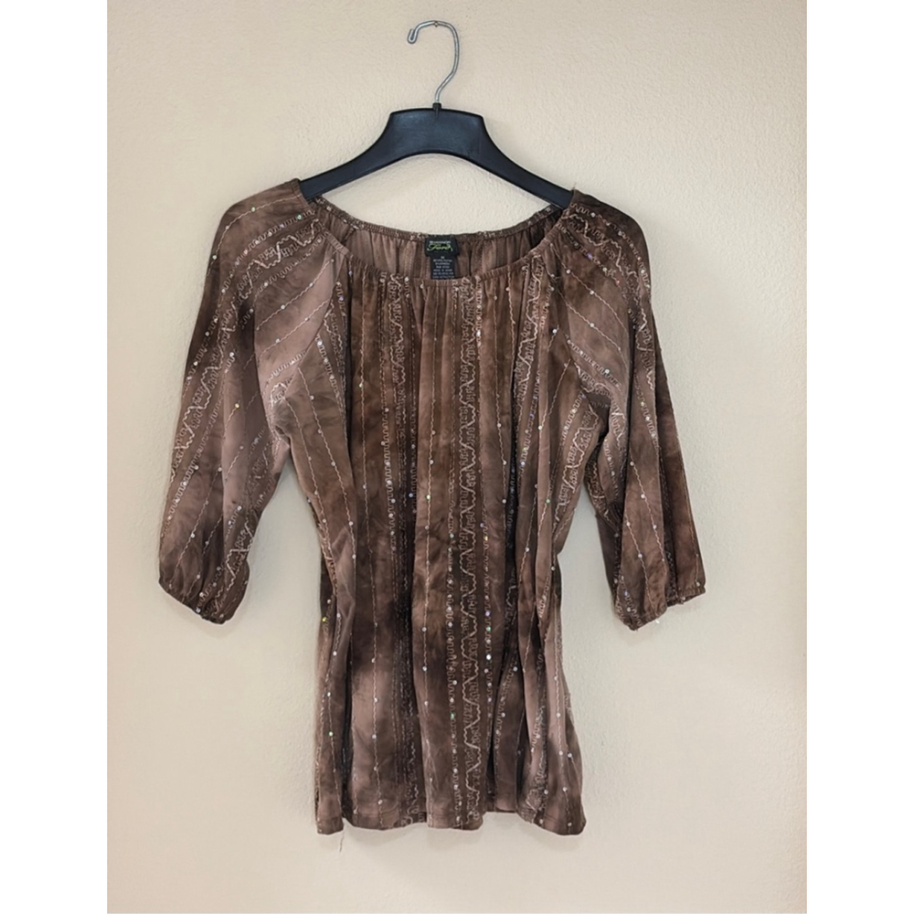 Shannon Ford Petite Women's Size 1X Sequin Brown Blouse Stretchy Western Dressy